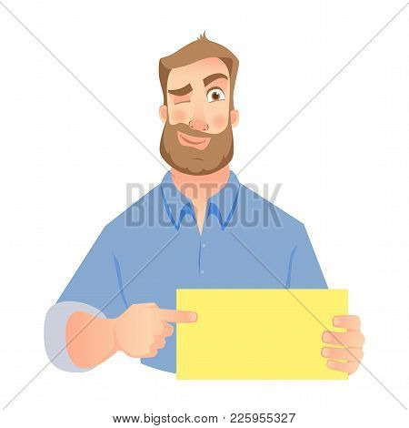 Man Holding Blank Card. Winking Businessman Pointing To Card. Vector Illustration Set