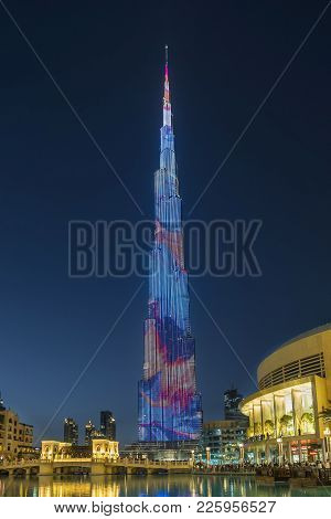 Dubai,uae - January 06,2018: Burj Khalifa Skyscraper In The Night,dubai.burj Khalifa Is The Tallest