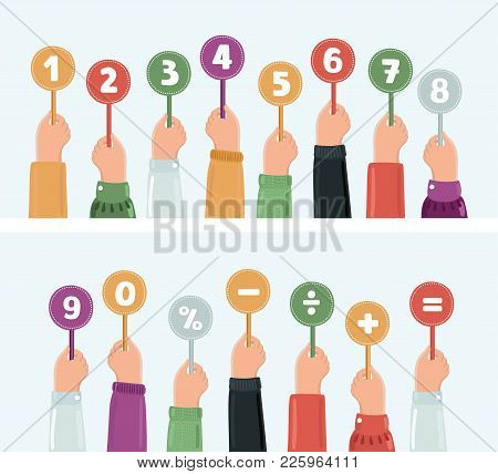 Vector Cartoon Funny Illustation Set Of Hands Holding Score Cards. Numbers Set And Sighns In Differe