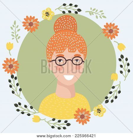Vector Illustration Of Cartoon Young Woman Face Icon. Pretty Intelligent Redhead Girl On Glasses. Fe
