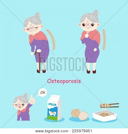 Old Woman With Osteoporosis On The Blue Background