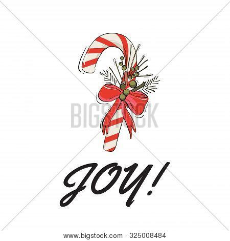 Modern New Year And Christmas Decoration With Striped Candy Cane, Red Bow And Fir Branch. Noel Winte