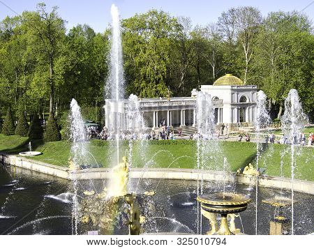 Peterhof, Russia- May 2019: Grand Cascade In Pertergof, Saint-petersburg Russia