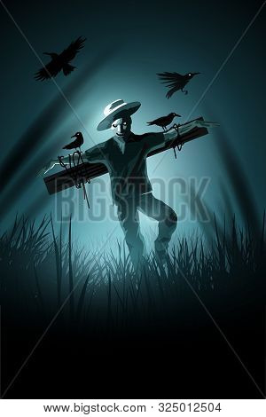 A Nightmare Halloween Scarecrow Wearing A Hat In A Cornfield At Night With Ravens And Crows. Vector 
