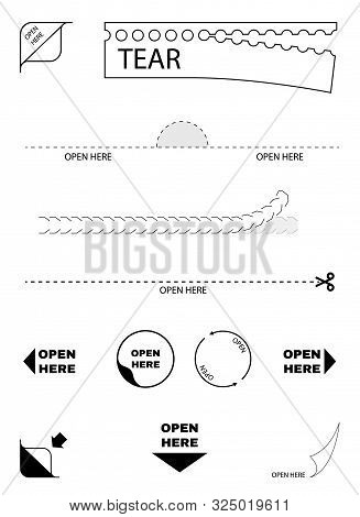 Open Here Package Icons. Paper Box Tear, Cut. Open Here Sign. Sticker Symbol. Scissors Line. Vector