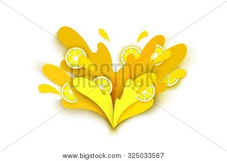Lemon Juice Splashes And Drops In A Paper Cut Style. Orange Slices And Paper Slices. Soft Shadows An