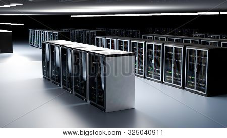 Server Room Data Center. Backup, Hosting, Mainframe, Farm And Computer Rack With Storage Information