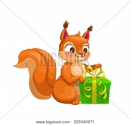 Squirrel With Gift Box Cute Cartoon Character. Vector Woodland Animal With Red Fur, Fluffy Tail And 