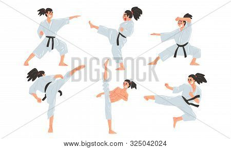 Male Karate Fighter In White Kimono Practicing Martial Art Set, Man Doing Karate Vector Illustration