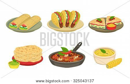 Collection Of Delicious Mexican Cuisine Food Dishes, Burrito, Tacos, Maize, Tortillas Vector Illustr