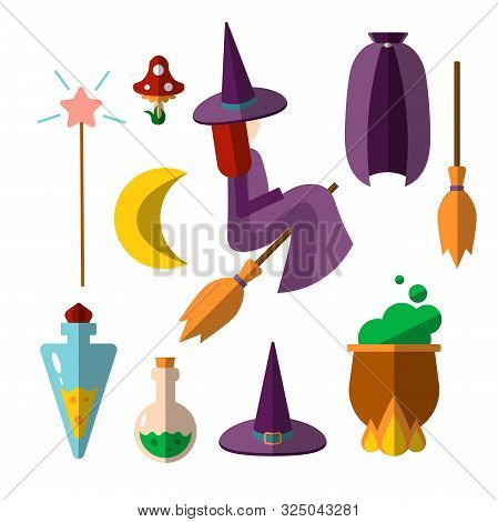 Cute Flat Vector Set Of Witch, Witchcraft Items - Flying Young Witch On A Broomstick, Bottles Of Poi
