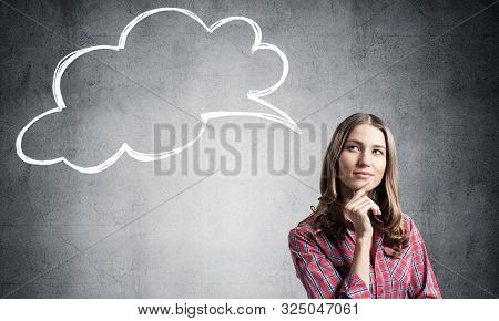 Brown Haired Woman Looks Pensive Upwards And Tries To Remember Something. Blank Speech Bubble Illust