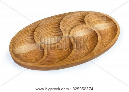 Empty Oval Compartmental Dish With Several Departments Of Original Design Made With Oak Wood On A Wh