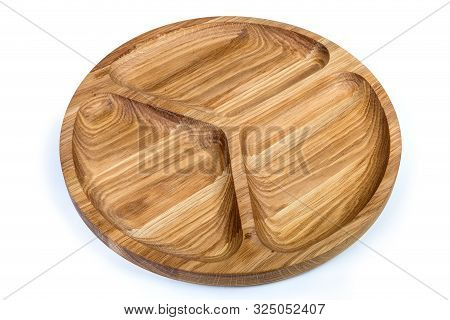 Empty Round Compartmental Dish With Three Departments Made With Oak Wood On A White Background