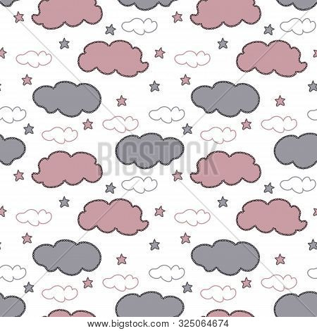 Baby Vector Seamless Pattern. Hand Drawn Gray And Pink Clouds And Stars On White Background. Templat