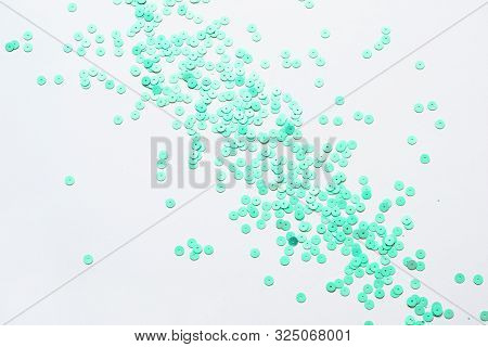 Pastel Mint Confetti Stars On A White Background. Holiday Party Concept