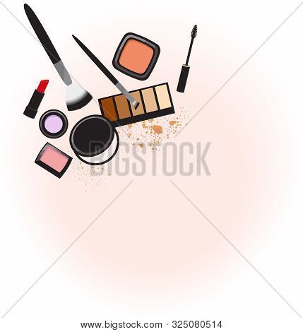 Various Makeup Products In Flatlay Arrangement On A Soft Pink And White Background.