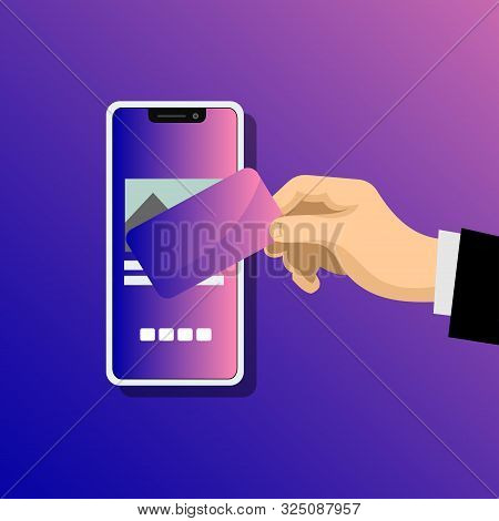 Close Up Hand Of Customer Paying With Contactless Credit Card By Smartphone. Cashless Technology, Fi
