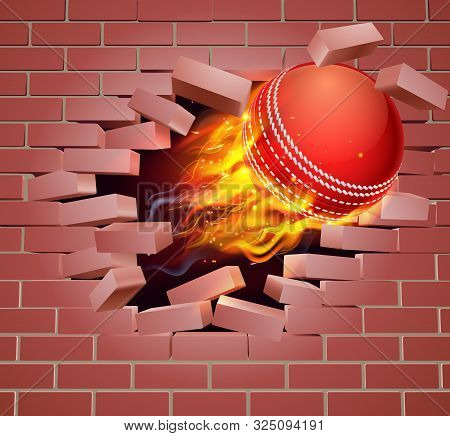 An Illustration Of A Burning Flaming Cricket Ball On Fire Tearing A Hole Through A Brick Wall