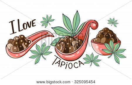 Set Tapioca Black Pearls For Bubble Tea Isolated. Hand Drawn Illustration Of Tapioca Balls In Cartoo
