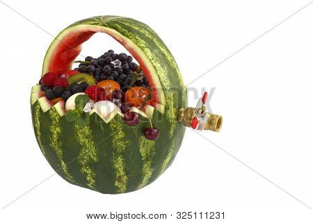 Fruit Basket And Juice Drain Tap. The Basket Is Made Of Watermelon And Filled With Different Fruits