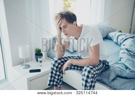 Portrait Of Exhausted Unhappy Man After Hangover Party Have Terrible Fatigue Migraine Catch Cold Suf
