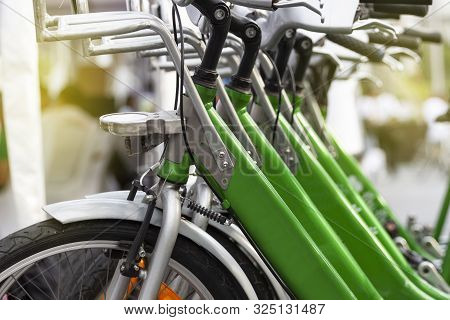 Close Up Electrical Bicycle, Bicycles For Rent In Travel.