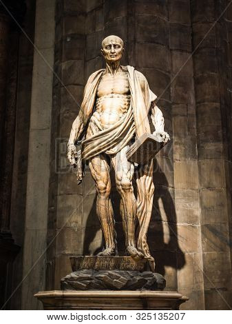 Statue Of Saint Bartholomew In Milan Catehdral In Italy