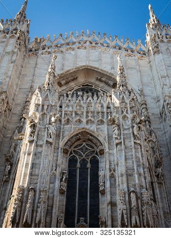 Ornate Facade Of Milan Catehdral In Italy