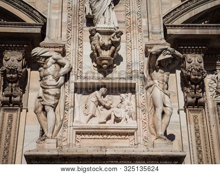 Ornate Facade Of Milan Catehdral In Italy