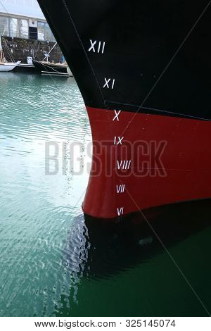 Plimsoll Line Painted On A Ship Hull. An Indication Of The Maximum Depth To Which The Ship May Be Sa