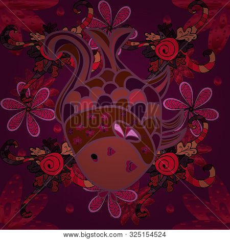 Raster Illustration. Colorful Cute Texture Fish Pattern. Fishe On Brown, Purple And Red Colord. Seam