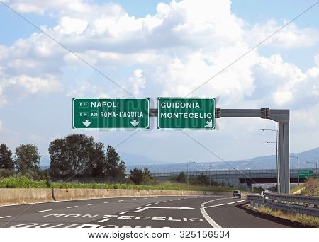 Junction Motorway Without Car And Italian Traffic Signal Near Rome And Naples  City