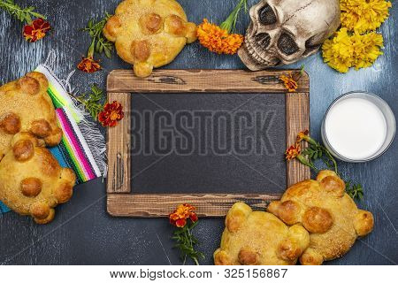 Mexican Dia De Los Muertos Day Of The Dead Background. Skull, Yellow And Orange Cempasuchil Flowers 