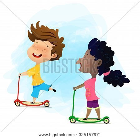 Multi-ethnic Kids Riding On Scooters. Weekends Concept Illustration. Vector