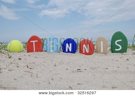 I love tennis, yellow ball and name on colourful stones