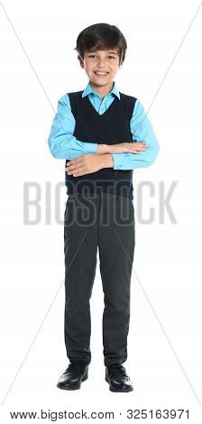 Happy Boy In School Uniform On White Background