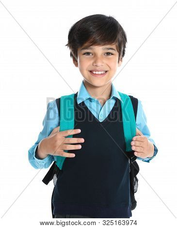 Happy Boy In School Uniform On White Background