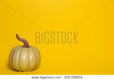 Green Thanksgiving Pumpkin On A Yellow Background With Room For Text