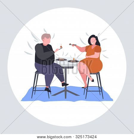 Obese Couple Eating Sweet Tasty Cake Overweight Woman Feeding Her Fat Boyfriend With Spoon Unhealthy