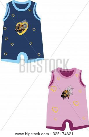Pink And Light Blue Baby Playsuits With Figures Of Hearts And Bees
