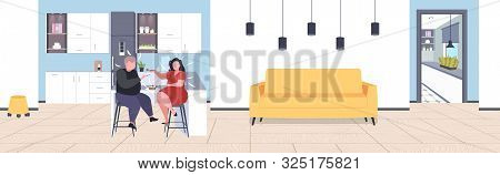 Obese Couple Eating Sweet Tasty Cake Overweight Woman Feeding Her Fat Boyfriend With Spoon Unhealthy