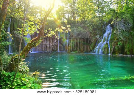 Waterfalls In Forest. Plitvice National Park, Croatia