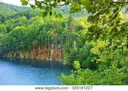 Waterfalls In Forest. Plitvice National Park, Croatia