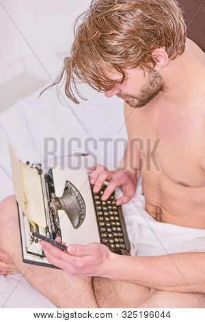 Keep Working And Become Great. Writer Near Typewriter. Inspiration Crisis And Lack Ideas. Looking Fo