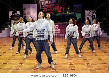 MOSCOW - MARCH 26: Geneva 8-96 team dance at Hip Hop International Cup of Russia 2011 semifinal, on March 26, 2011 in Moscow, Russia. Main prize is $1000 for each team member and trip to Las Vegas.