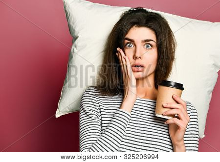 Excited Girl Woman Drinks Coffee At Home Or In The Office, Suddenly Realizes That She Is Very Late F