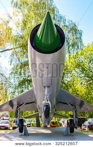 Obninsk, Russia - May 2016: Monument In The Form Of A Mig-21 Fighter Plane Near The Company Technolo