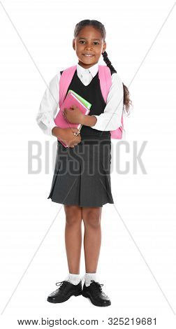 Happy African-american Girl In School Uniform On White Background