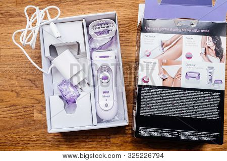 Paris, France - Sep 23, 2019: All Accesories Of New Braun Silk Epil Women Lady Shaver Epilator 3 In 